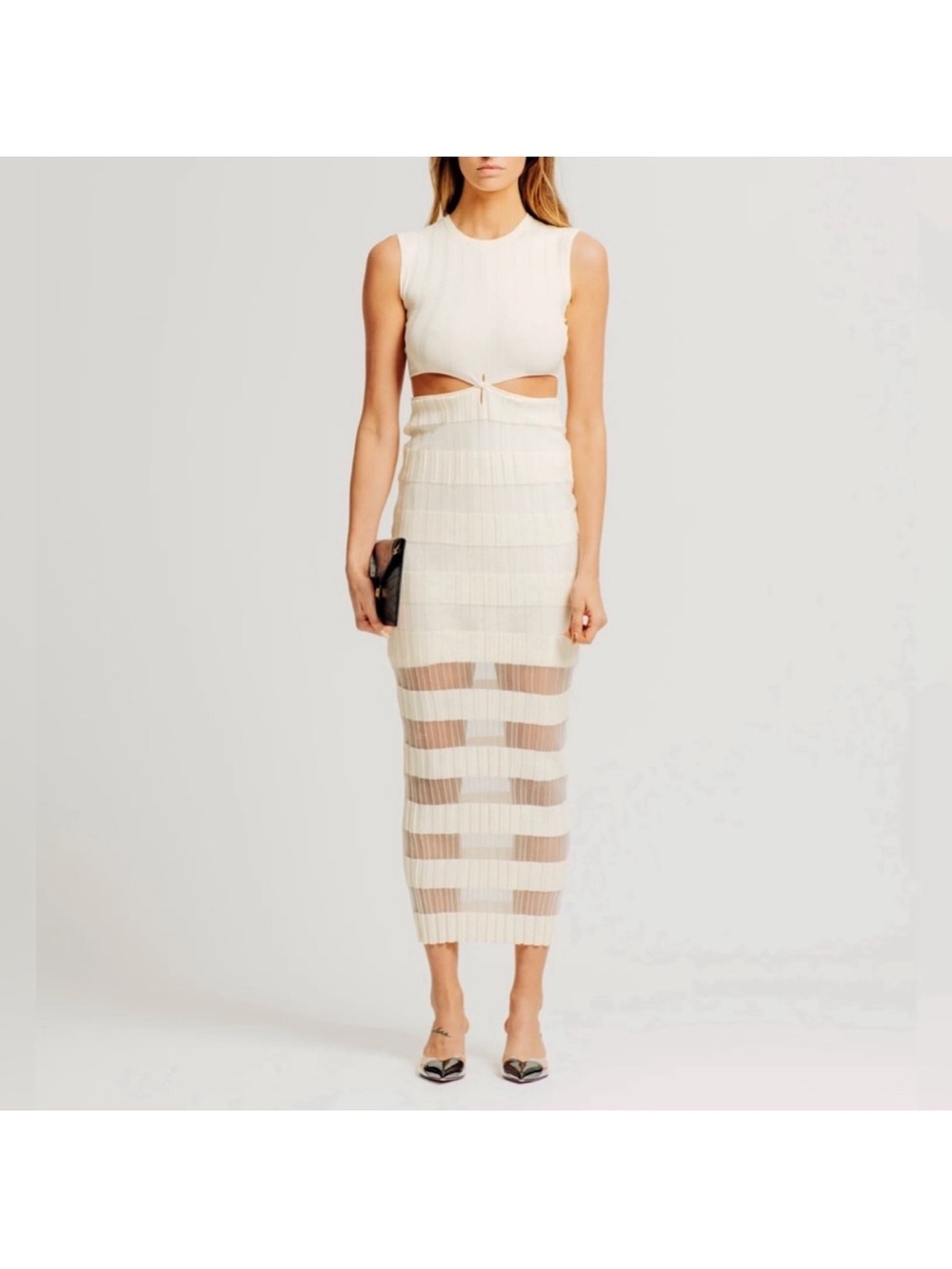 Torn by Ronny Kobo Ivory Sheer-Striped Knit Midi Skirt